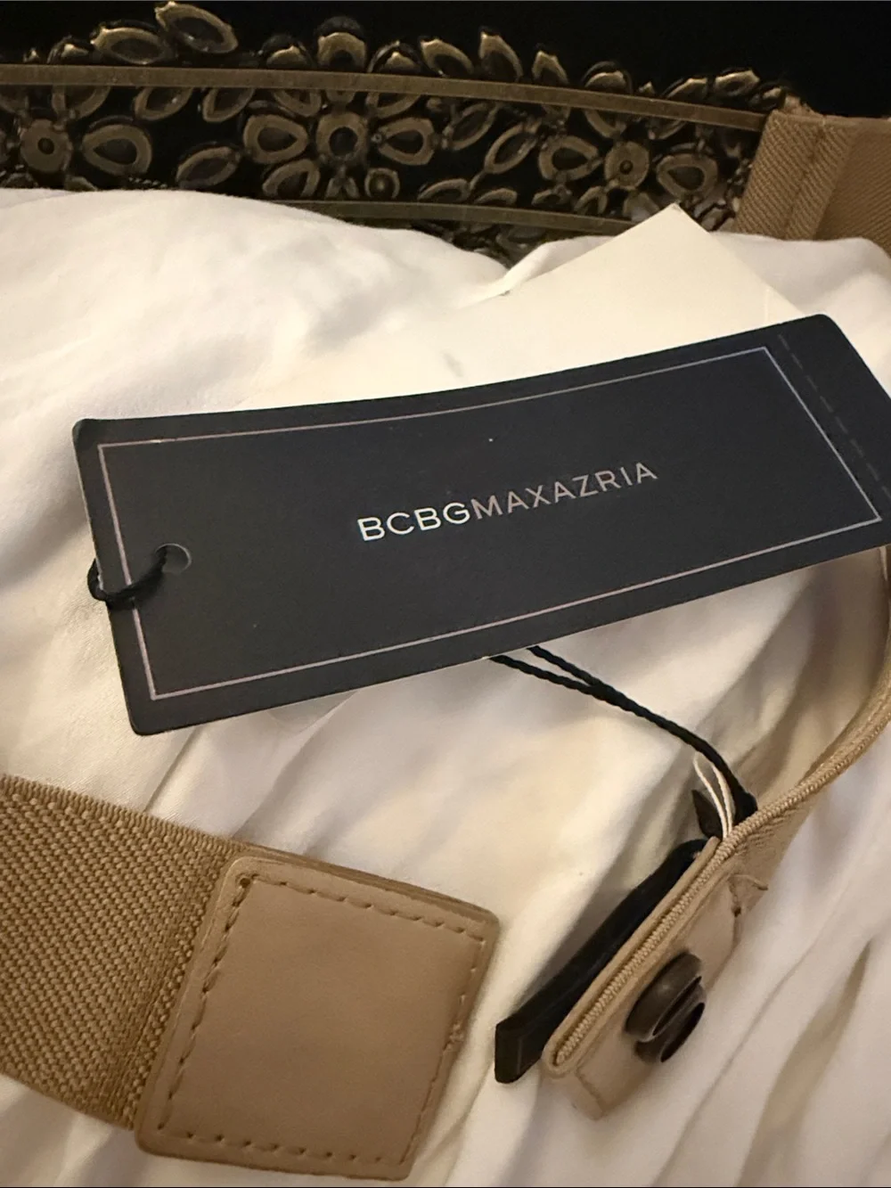 BCBGMaxAzria Black Belt with Beige Elastic and Crystal Embellishment